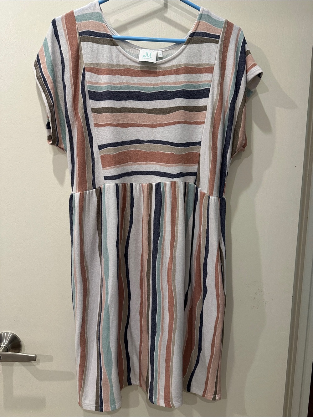 Striped Short-Sleeve Babydoll Dress in White, Rust & Navy